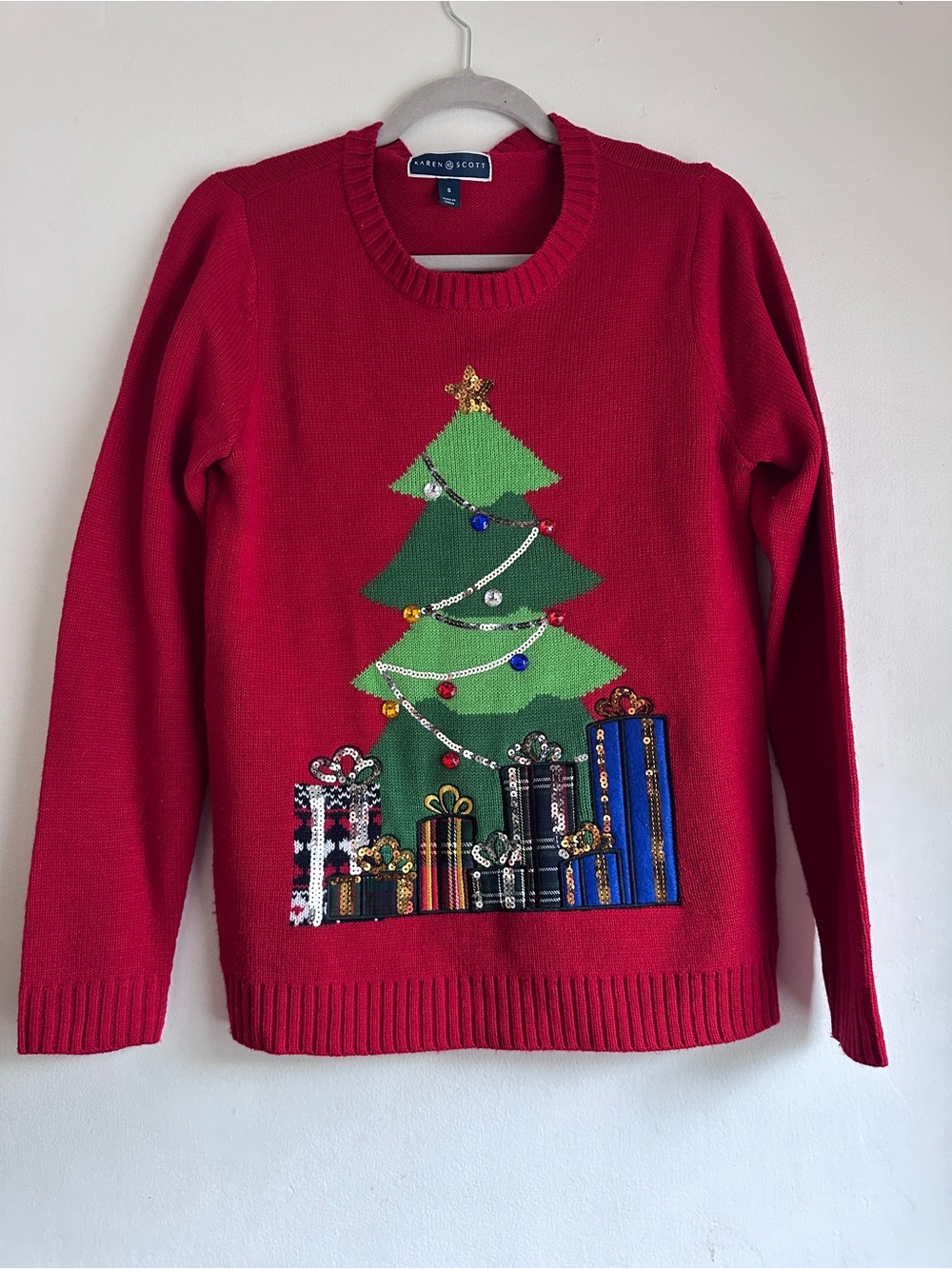 Karen Scott Red Christmas Tree Sweater (S)